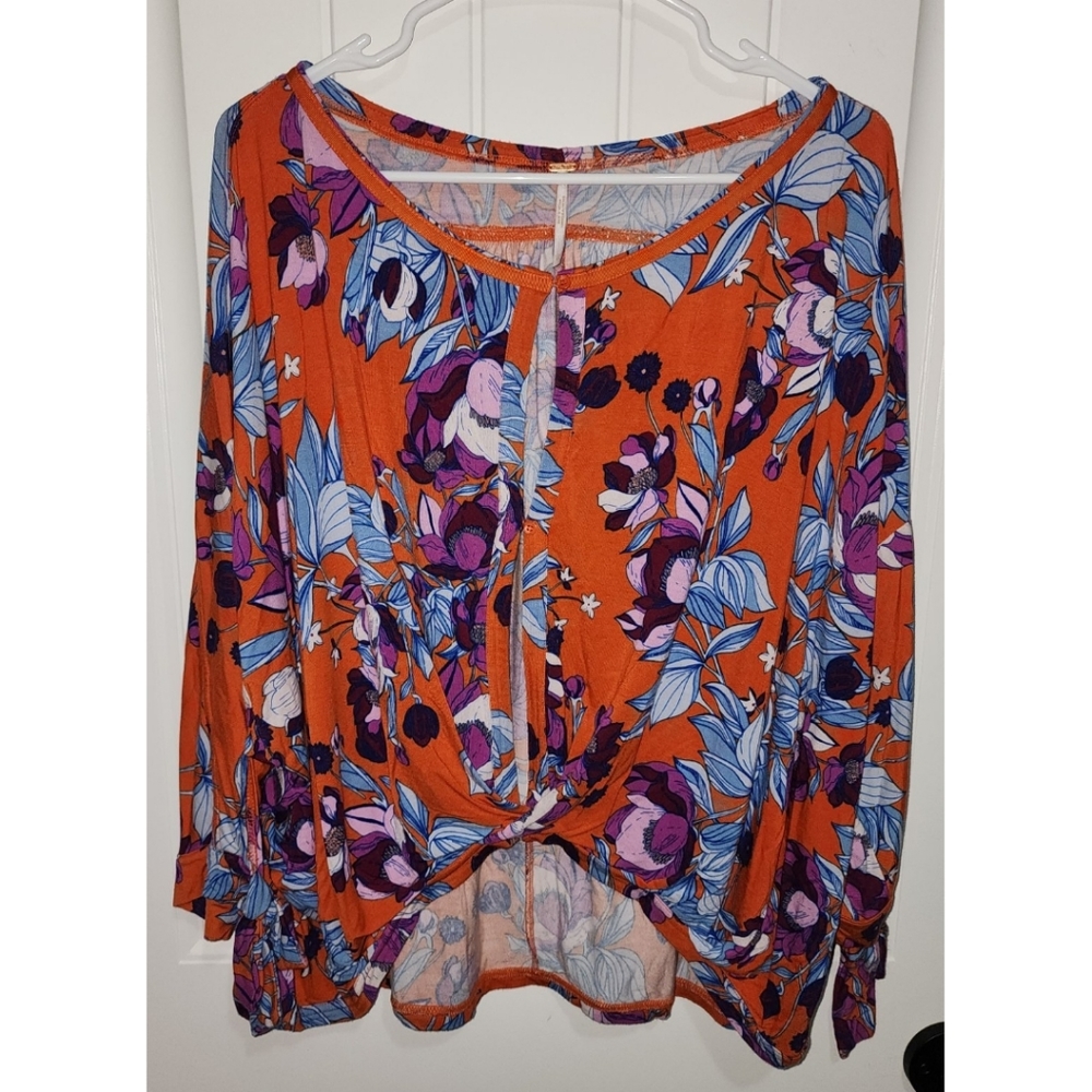 Free People Festive orange combo keeping on floral top large shirt blouse - Picture 2 of 5